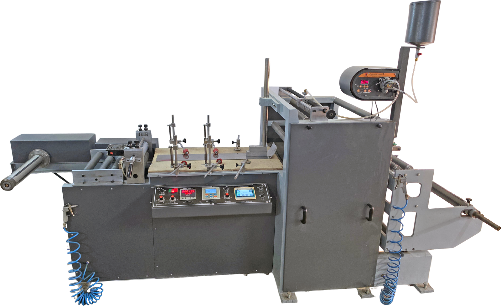 RK PSG 650 PVC shrink sleeve glueing machine with peristaltic adhesive pump and cantilever rewind