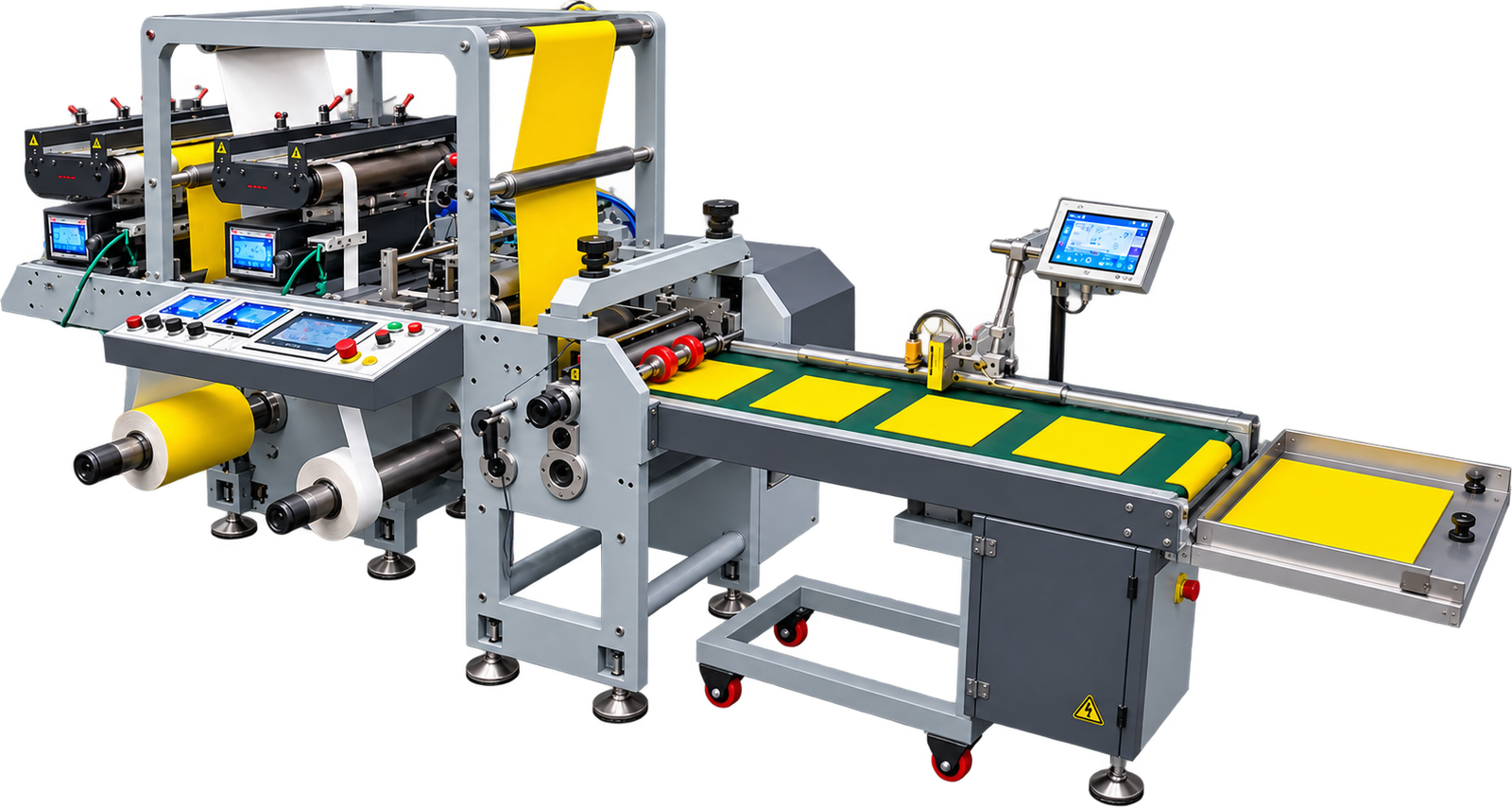 Wrist band machine with lamination, hot melt glue station and long conveyor